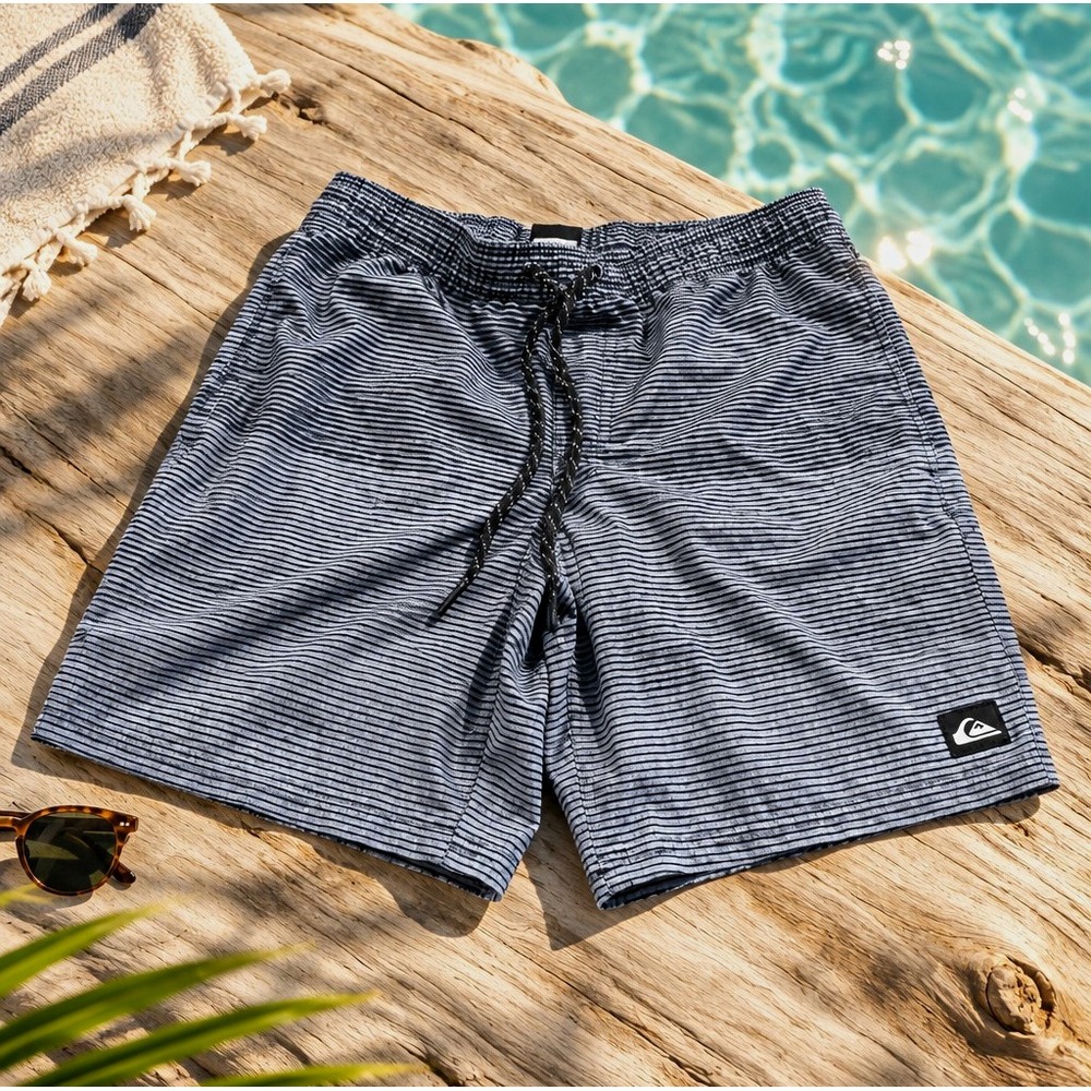 Quiksilver Men's Striped Swim Shorts Gray/Black Elastic Waist Drawstring SMALL